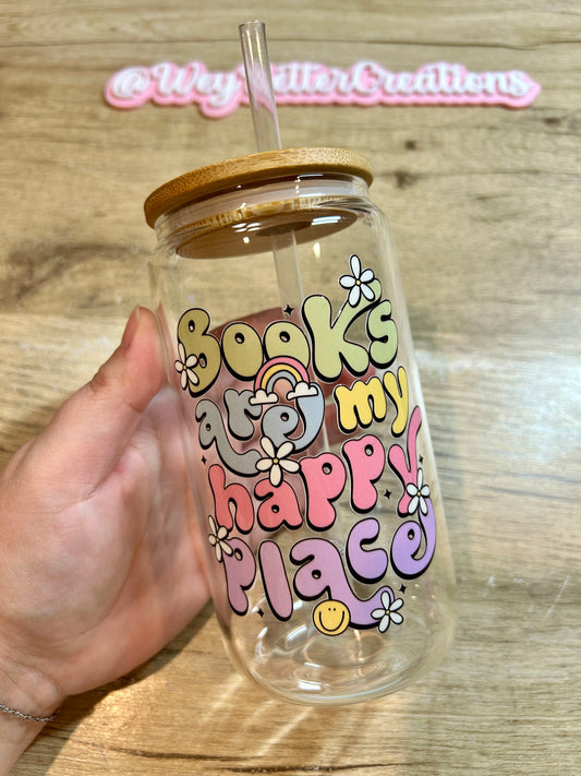 Books Happy Place 16oz Can Glass