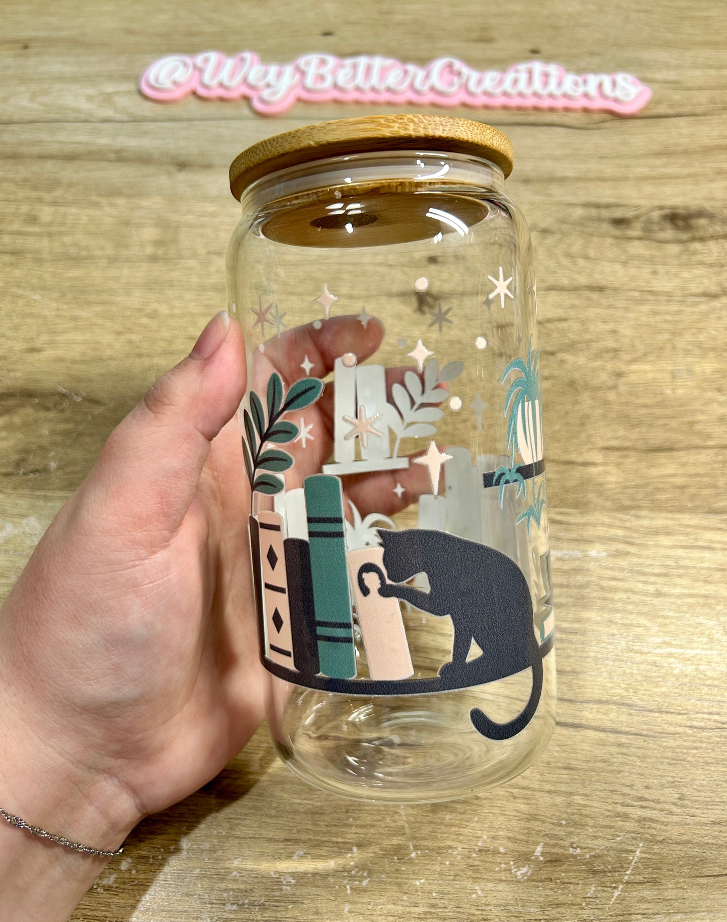 Cats & Books 16oz Can Glass