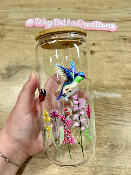 Hummingbirds & Flowers 20oz Can Glass