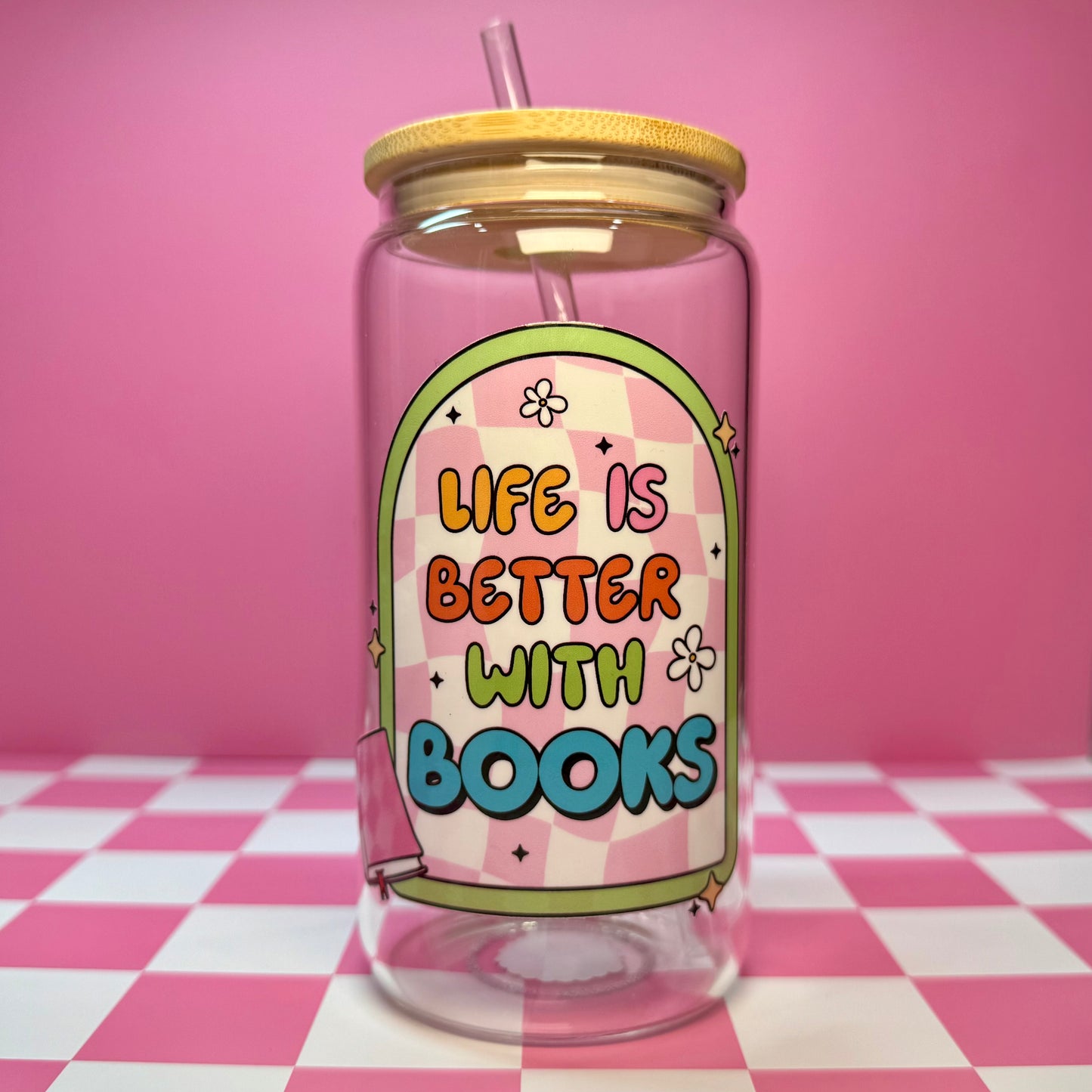 Life is Better with Books 16oz Can Glass