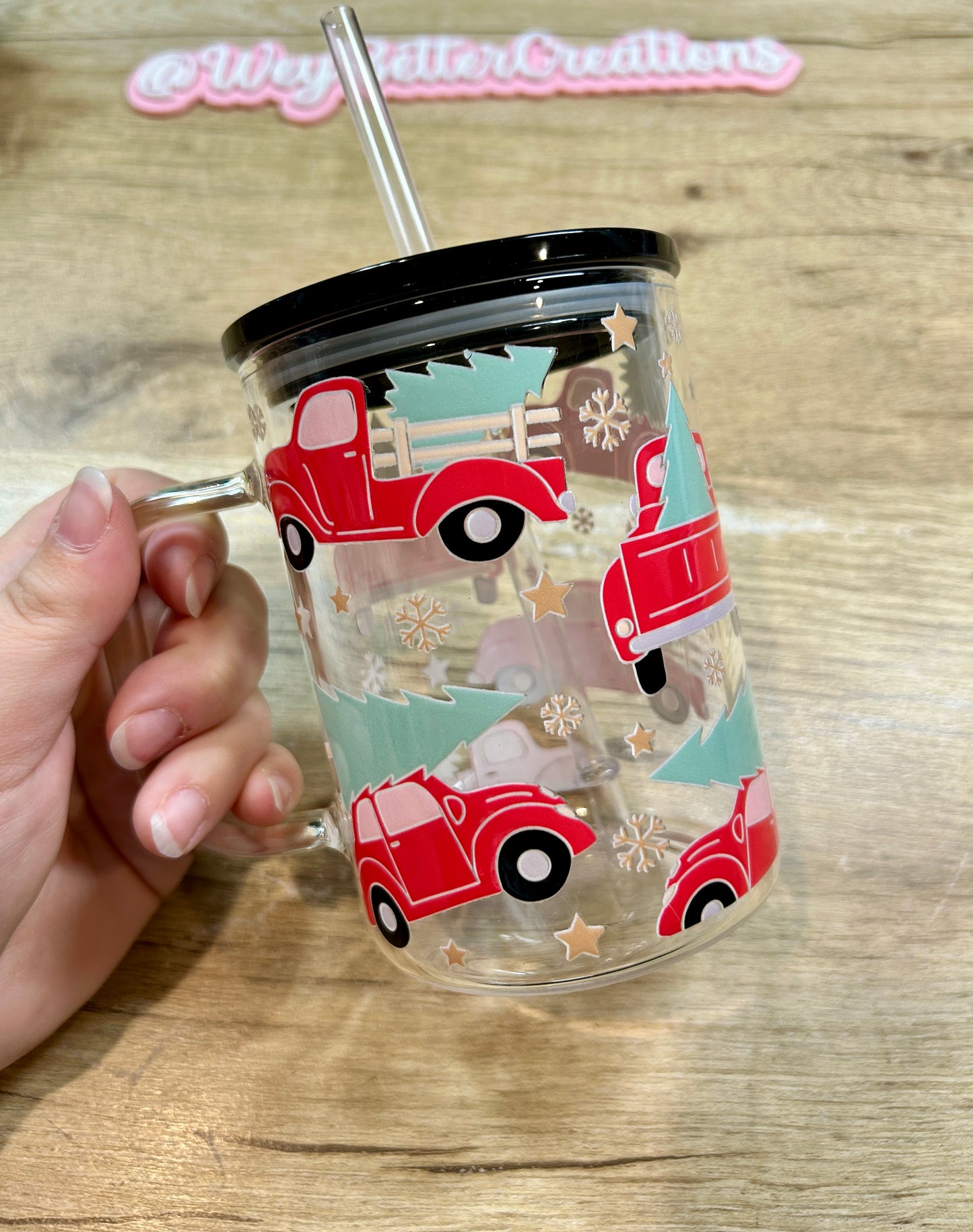 Trucks w Black Lid Glass Mug