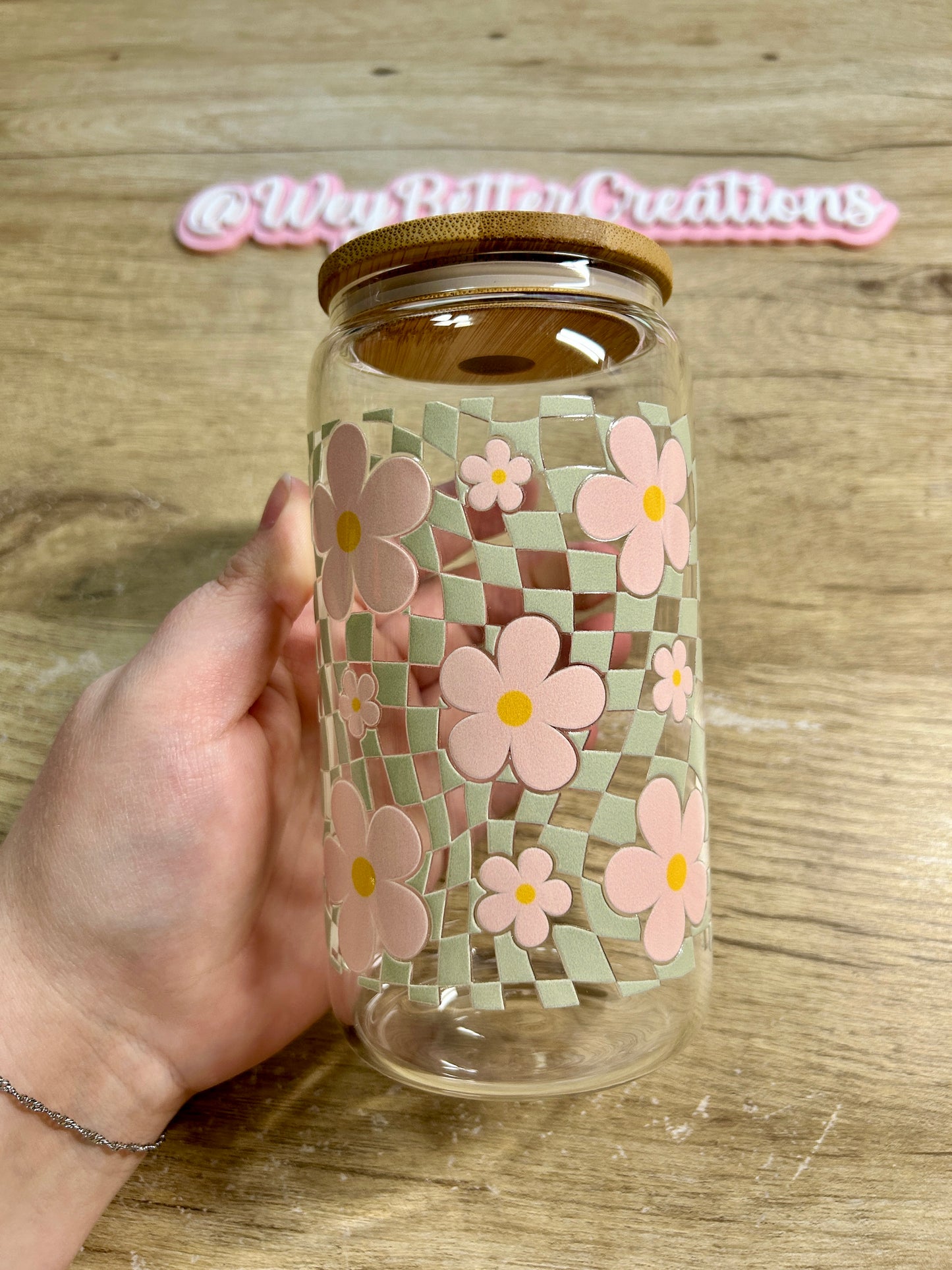 Pink & Green Checkered Flowers 16oz Can Glas