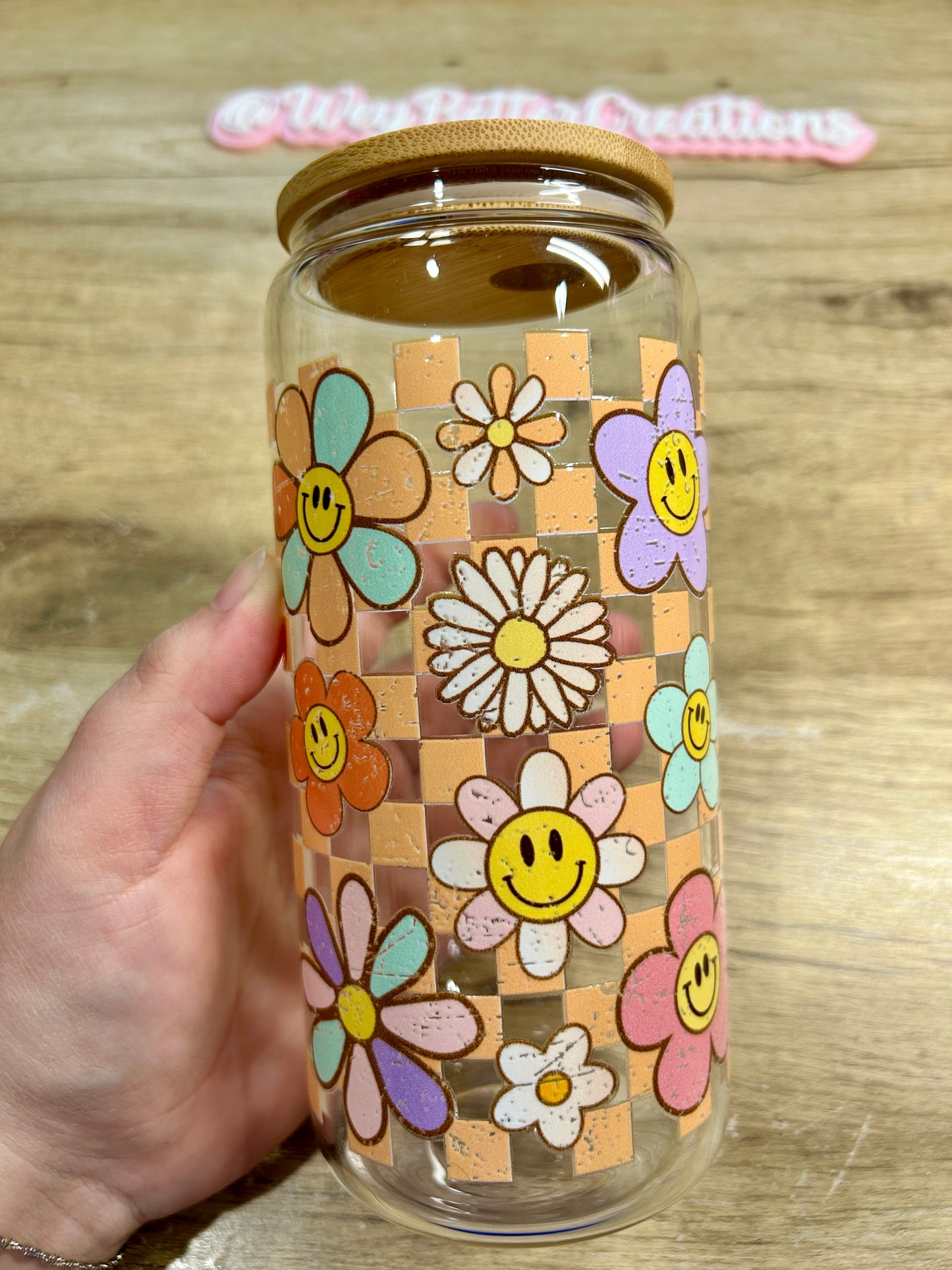 Checkered Flowers 20oz Can Glass