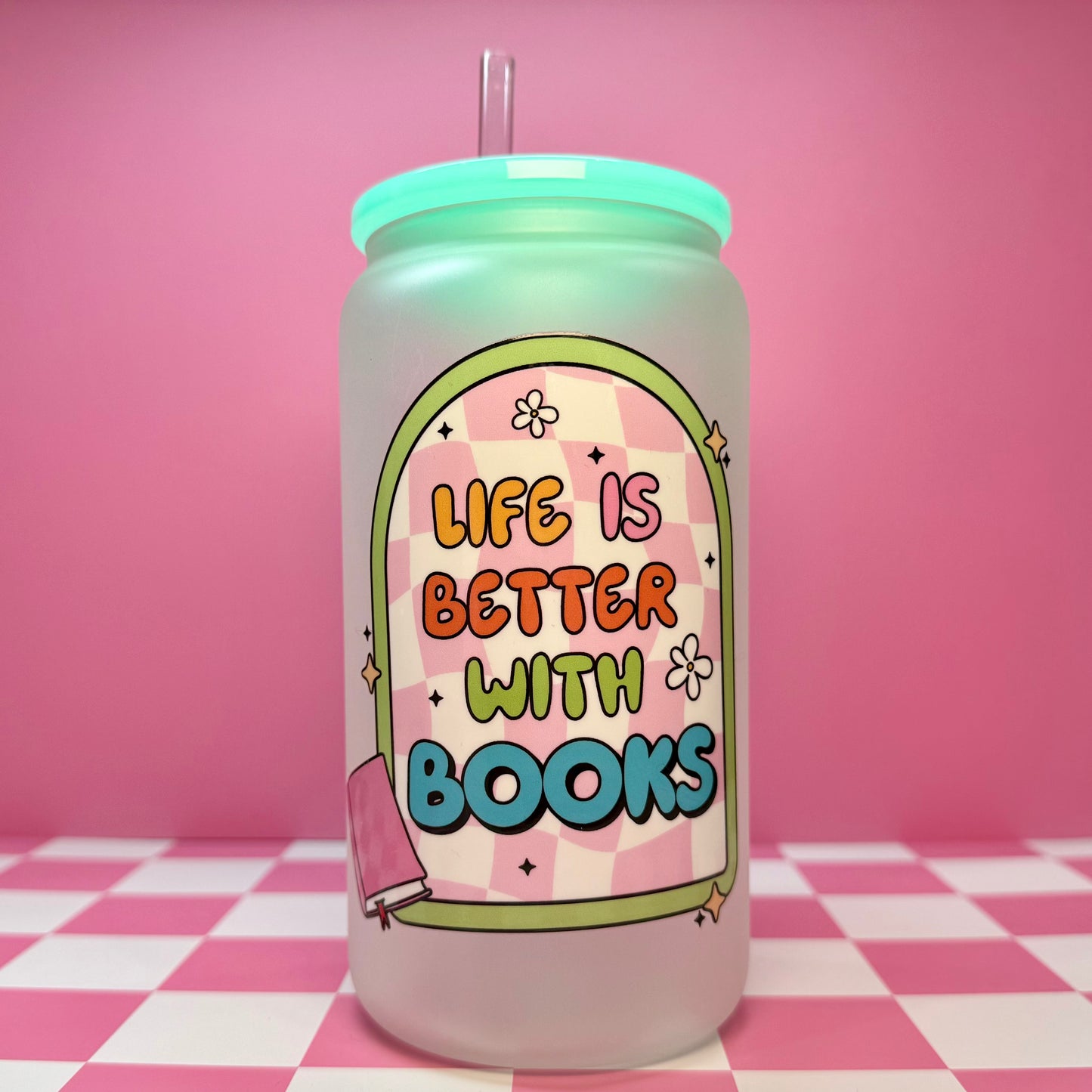 Life is Better with Books 16oz Can Glass