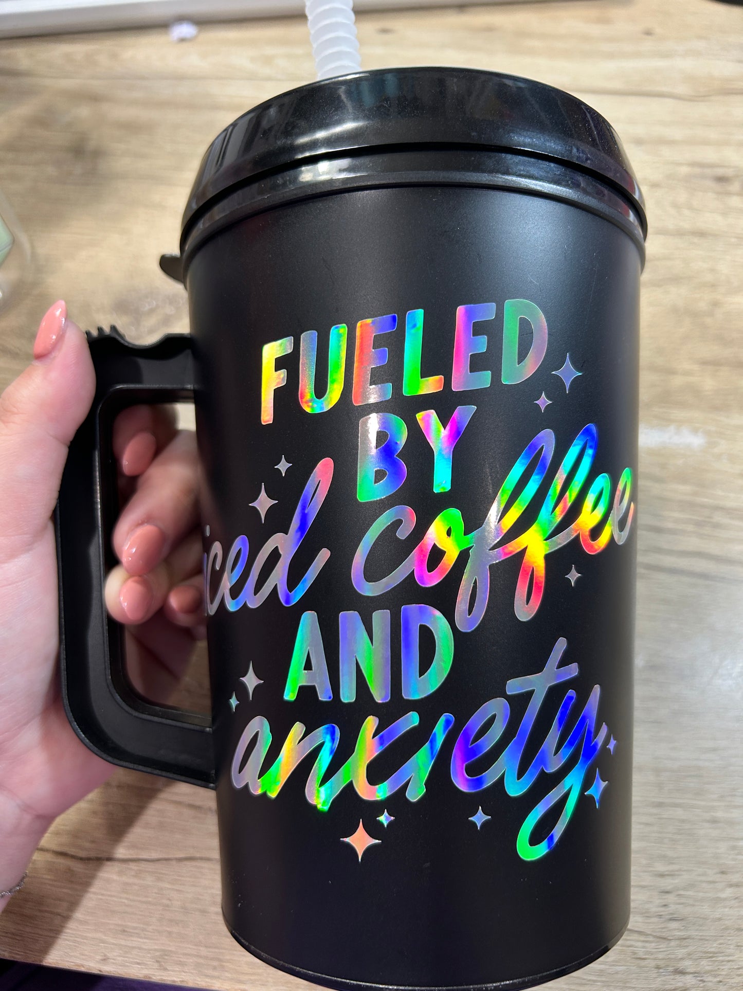 Fueled by Ice Coffee & Anxiety (holographic) 34oz Mega Mug