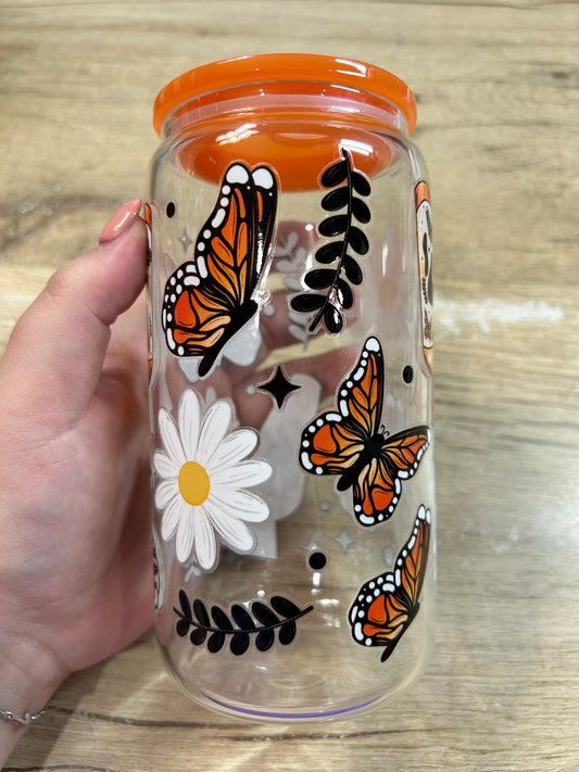 Orange Butterflies 16oz Can Glas